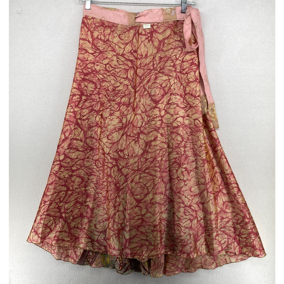 Silk Skirt L Peasant Boho Flare Reversible Wrap Midi Layered Tie Side Pink - Picture 2 of 11